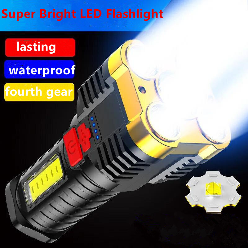 Senter LED Lentera Genggam 4 Gigi Peredupan Lampu Samping COB Lampu Kuat Baterai Bawaan USB Long-Shot Pencahayaan Luar Ruangan