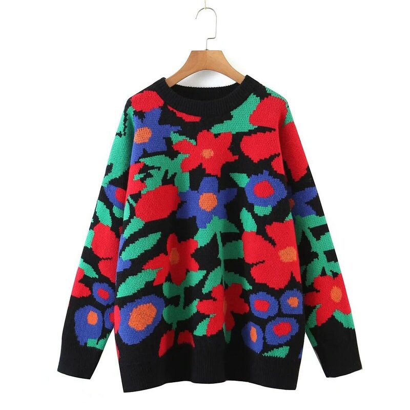 Suéter bordado de flor grande para mulheres, pescoço O, pulôver de malha solta, jumper extragrande, suéter Y2K, moda coreana, novo, 2024
