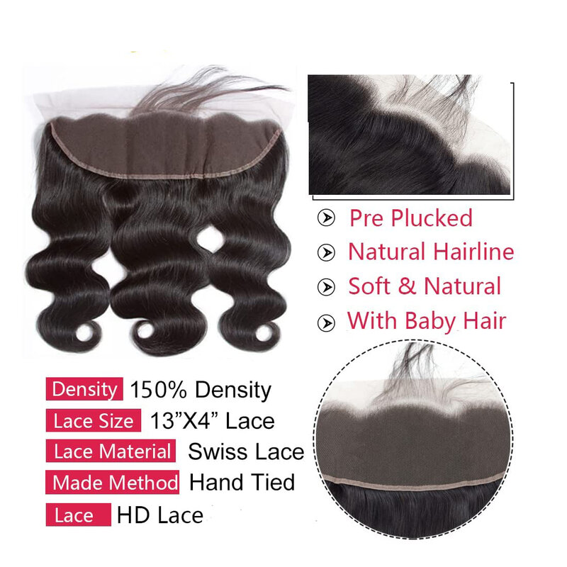 Body Wave Bundle with Frontal Brazilian 3 Bundles with 13x4 Transparent Frontal Closure Human Hair Brazilian Virgin Hair Natural