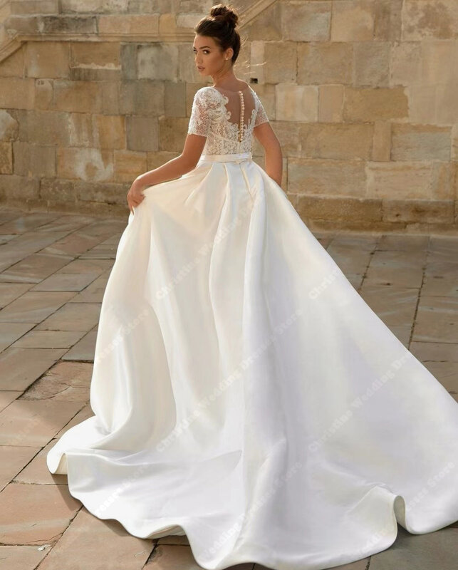 Graceful Smooth Women Wedding Dresses A-Line Shiny Satin Surface Bridal Gowns Sleeveless V-neck Short Sleeves Vestidos De Novia