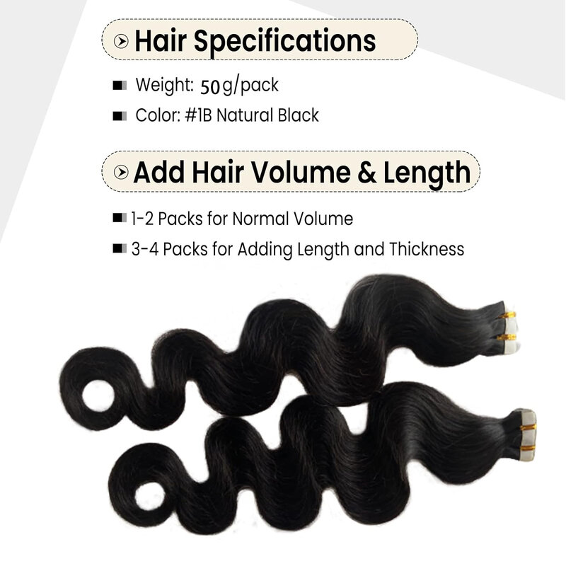 Extensiones de ondas onduladas para mujer negra, cinta de cabello humano 100% Real, pegamento adhesivo de trama de piel Remy, negro Natural