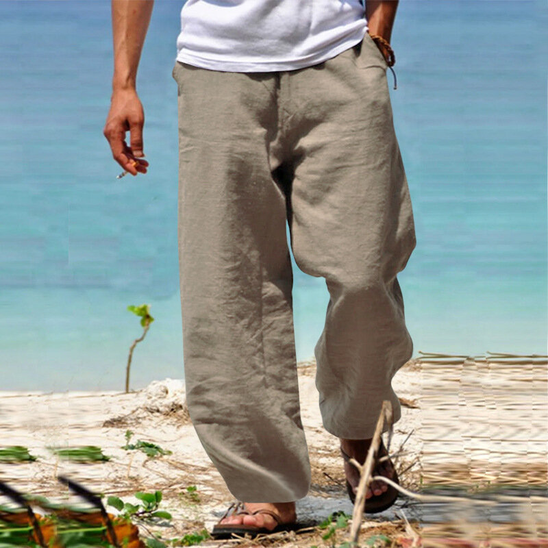 Celana panjang katun Linen pria, bawahan bernapas warna polos, pinggang longgar kasual Fitness Streetwear S-5XL