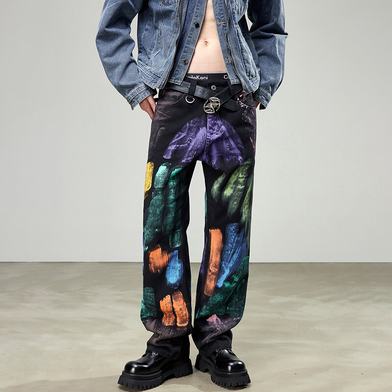 Y2K-pantalones vaqueros rectos retro para hombre, jeans con estampado digital de hip-hop, grafiti personalizado, sueltos e informales