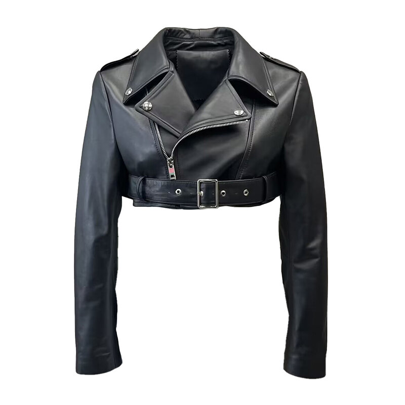 Jaqueta de couro de carneiro genuína feminina, jaqueta Moto Crop, casaco curto, moda Y2K, novo, primavera, outono, FG5539