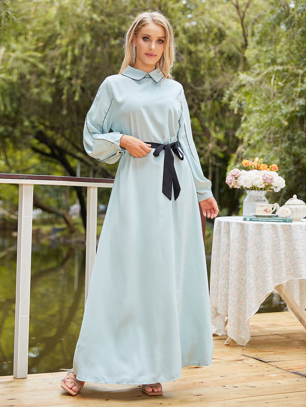 2024 весенне-осеннее платье с длинным рукавом синее профессиональное официальное платье специальное платье с высокой талией