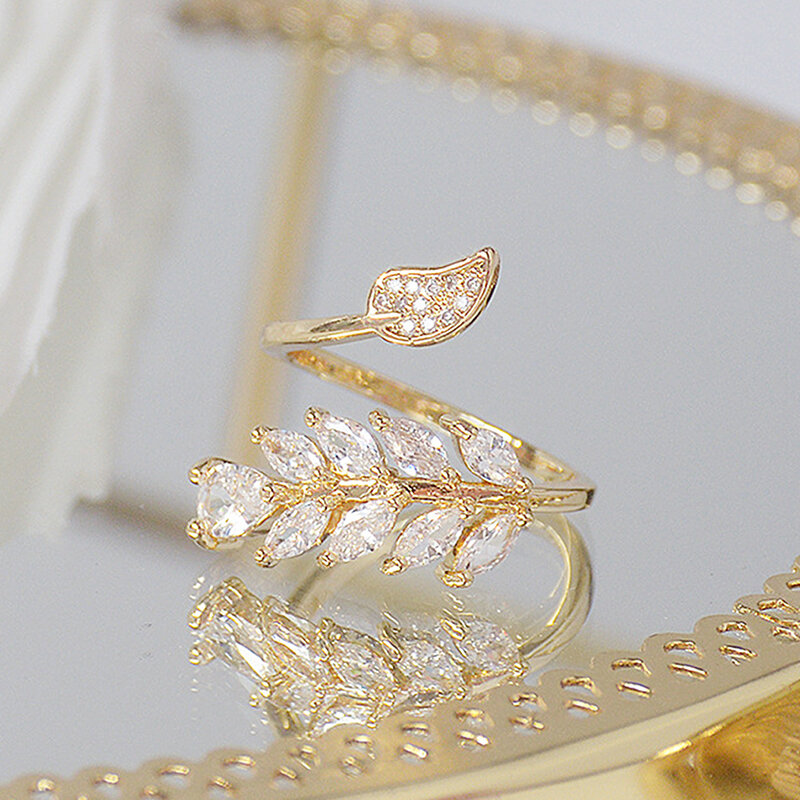 14K prawdziwe złoto pełne CZ zostaw pierścień dla kobiet regulowany otwarty projekt AAA cyrkon delikatny codzienny wisiorek biżuteria