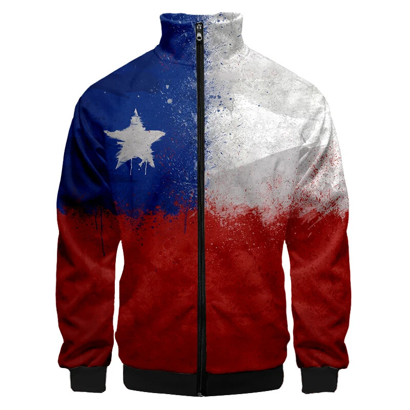 Jaqueta masculina de alta qualidade com zíper, bandeira chilena, estampa em 3D, casual, lavada solta, tops gráficos, streetwear, nova moda