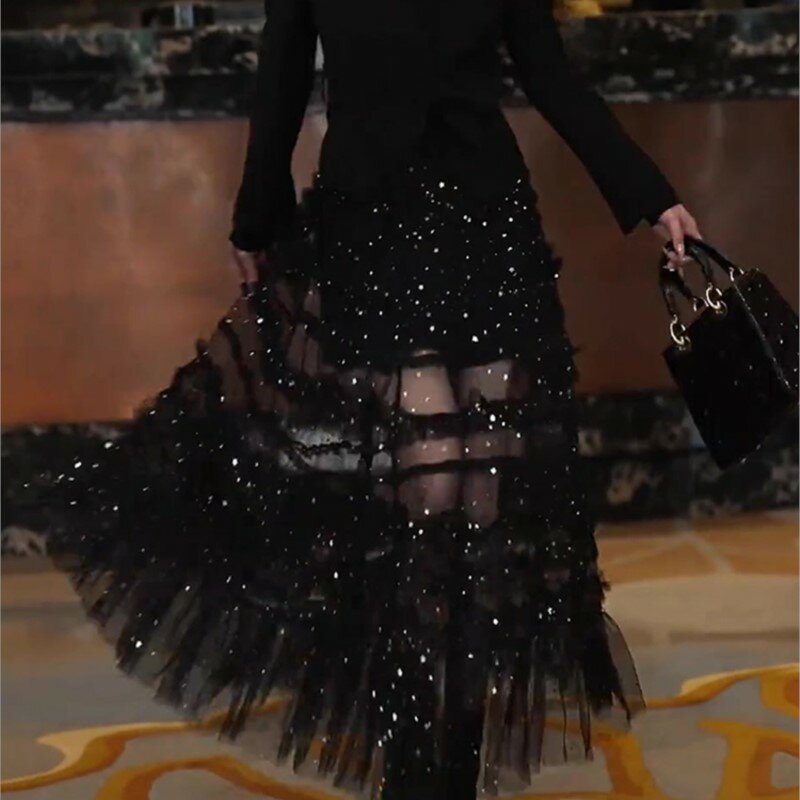 Schwarzer Paille tte Mesh Rock Damen neues Design Sinn hohe Taille abnehmen elastisches langes Kleid