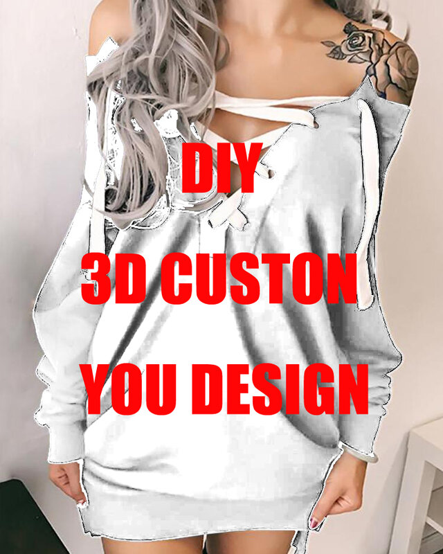 DIY Custom Design DIY 3D Printed Off Shoulder Deep V-Neck Lace Up Long Sleeve Pullover Drop shipping