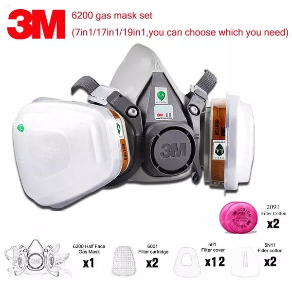 Masque à gaz 3M 6200 Série demi-masque facial Gas-Verde, assressentià 6001, 2091, 5n11 Pound, protection chimique et organique