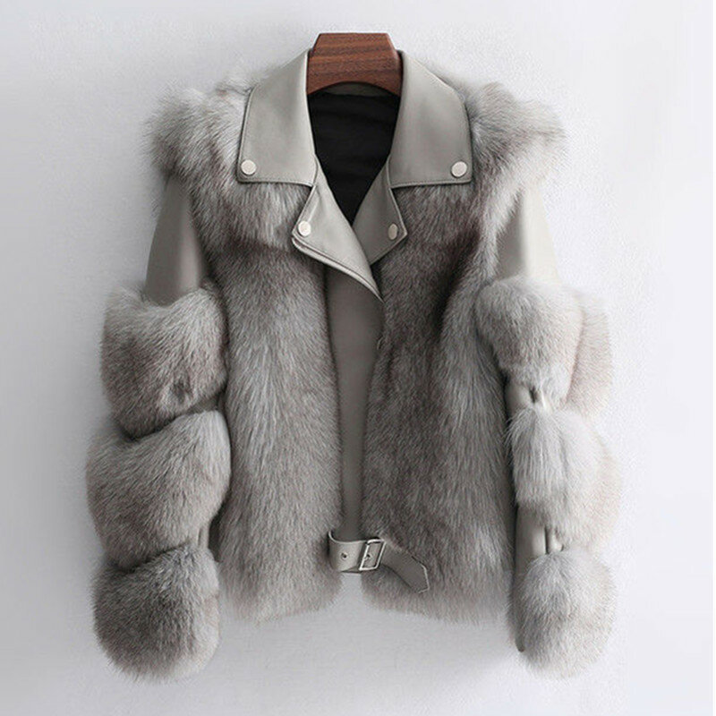 Kunst pelz Mantel Jacke für Frauen Outwear Mantel mit Luxus Schaffell Leder Fuchs Pelz Jacke weiblichen Herbst Wintermantel