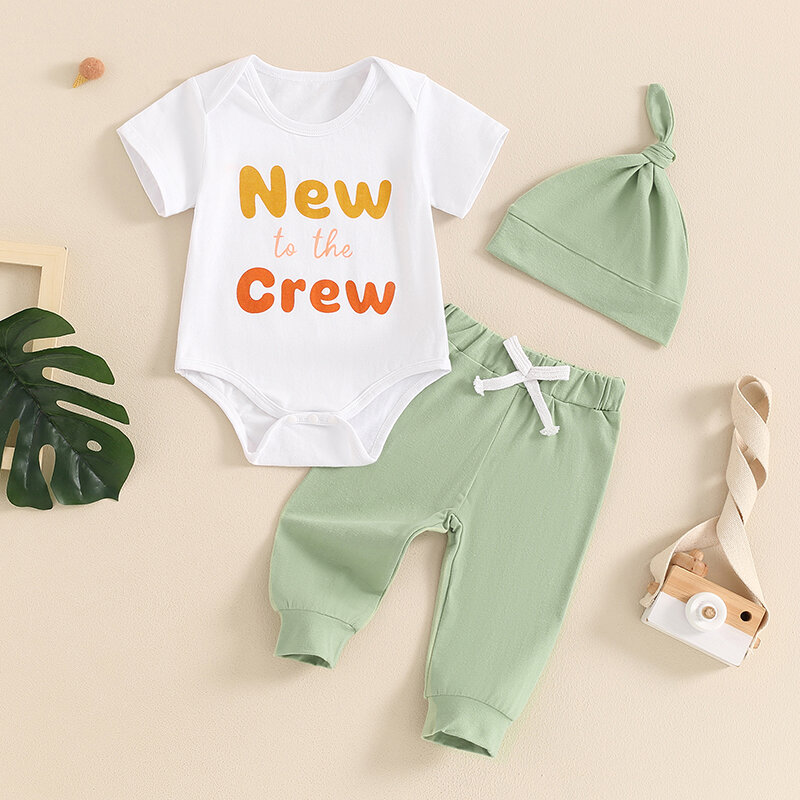 Newborn Boys and Girls Outfit Letter Print Short Sleeve Romper Elastic Waist Pants Hat Baby Summer 3 Piece Set