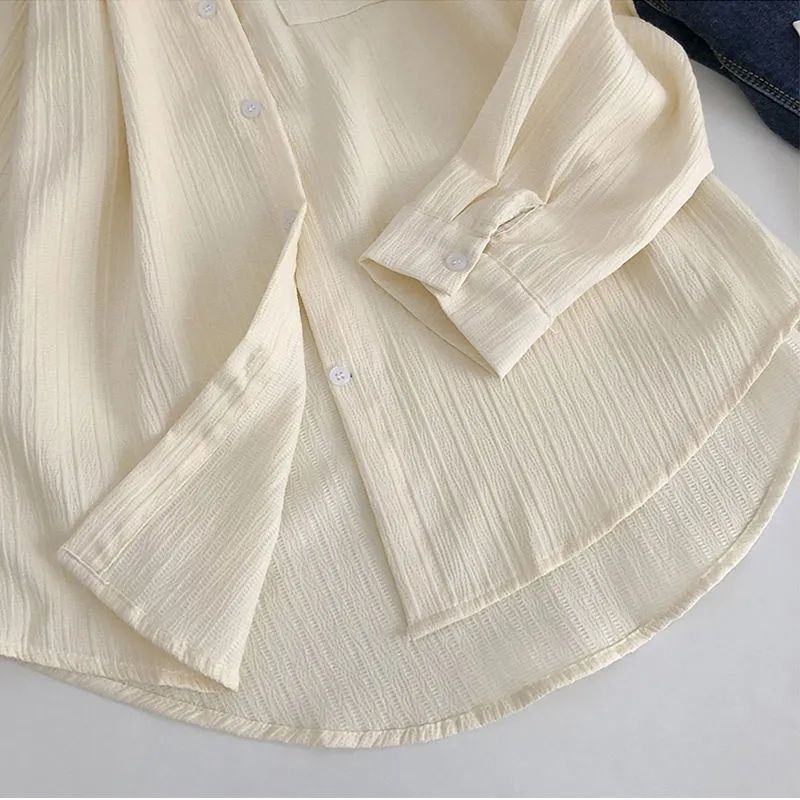 XEJ-blusa elegante de manga larga para mujer, camisa coreana fresca de gasa con protección solar, chaqueta para playa, túnica larga