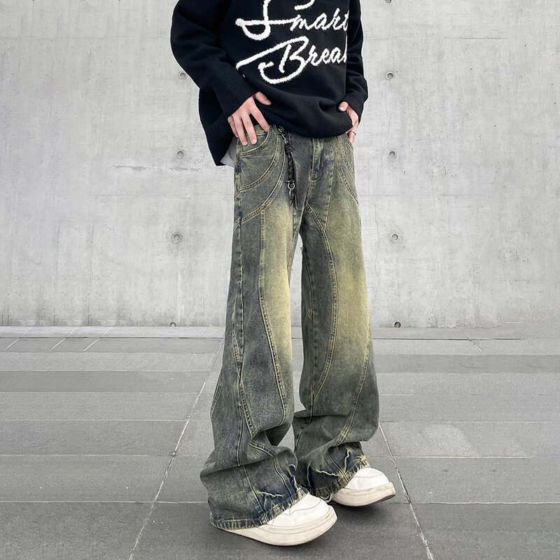 Jins Vintage berkobar pria, celana panjang Denim Y2k asli jalanan musim gugur baru, celana jins longgar kaki lebar
