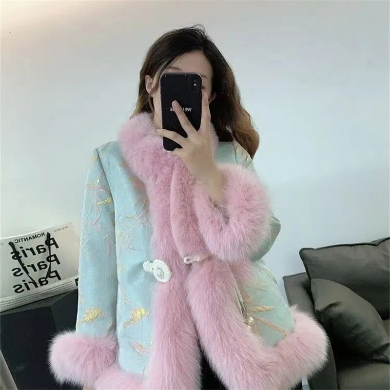 ใหม่ Faux Fur Coat ฤดูใบไม้ร่วงฤดูหนาวสุภาพสตรีเทียม Fox Fur Overcoat แผ่นหัวเข็มขัดชุดจีน Hairiness เสื้อกันหนาว Lady Tops