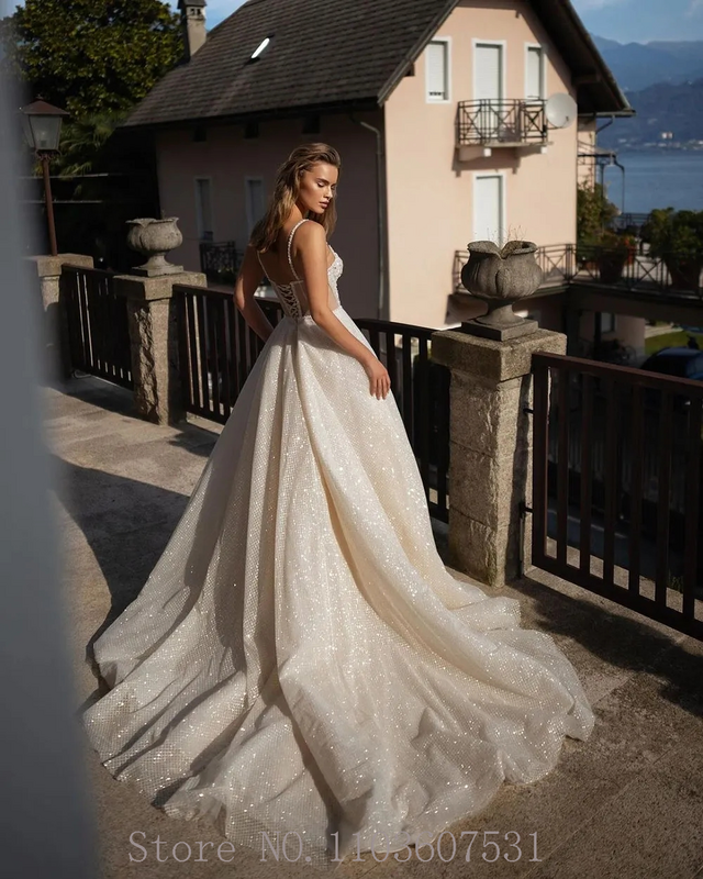 Elegant Spaghetti Straps Beaded Pearls Side Split Wedding Dress for Bride Sparkly A-line Court Wedding Gown robe de mariée