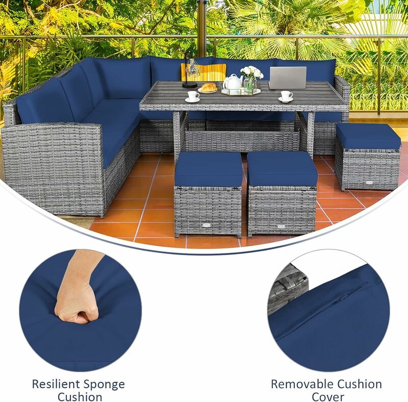 7 Pieces Patio Furniture Set, Outdoor Sectional Rattan Sofa Set with Cushions, Wicker Conversation Couch Set w/Dining Table