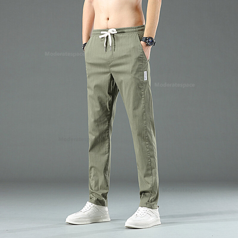 Brand Men Casual Pants Cotton Drawstring Elastic Waist Blue Green Grey Black Stretch Jogging Trousers Male Clothes