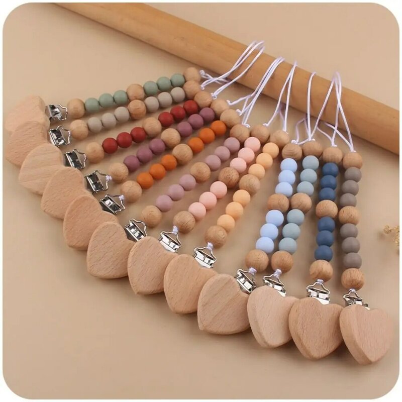 Dummy Clips Pacifier Holder Clips Soother Holder Wood Baby Teether Toys Straps Love Nipple Holder Clips Baby Pacifier Chain