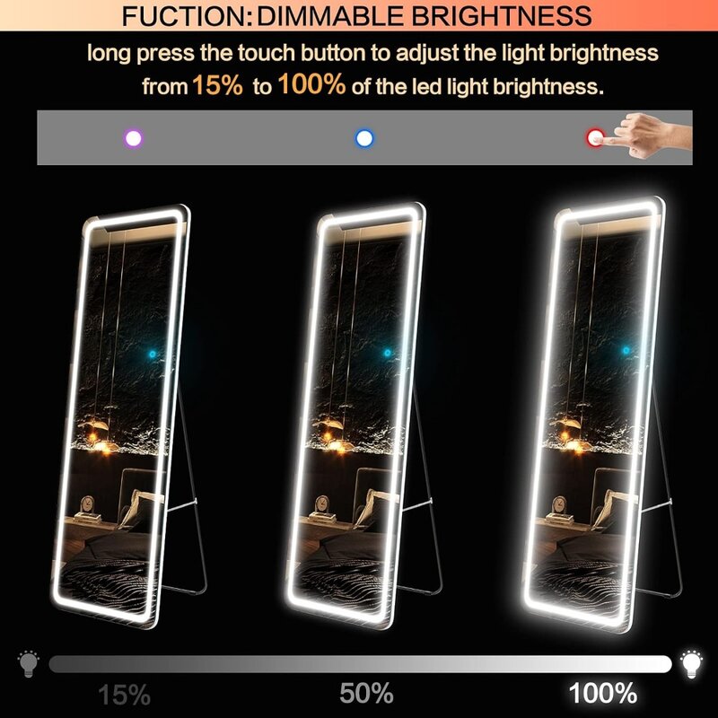 Specchio a figura intera con luce 63 "x 20", specchio con corpo illuminato-specchio verticale a parete a LED, specchio a grandezza naturale, 3 modalità di colore
