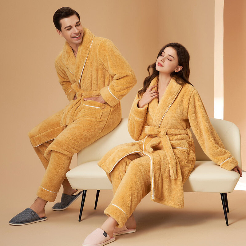 Women Winter Extra Long Warm Flannel Pajama Sets Plus Size Pants + Robe Sets Coral Fleece Sleep Tops Men Long Sleeve Sleepwear
