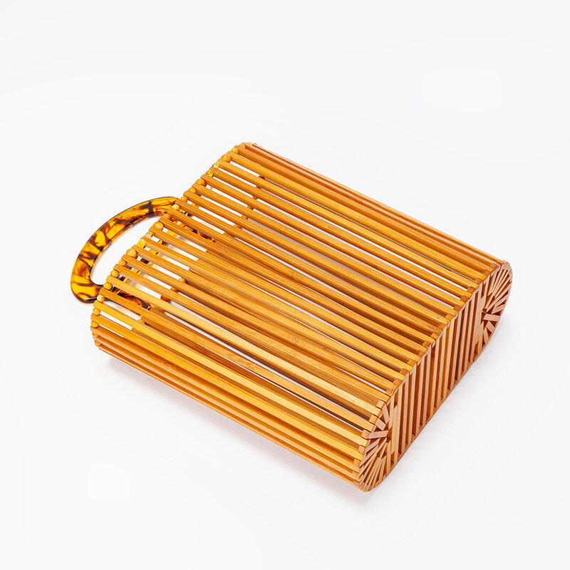 Bolso de playa tejido Vintage para mujer, bolsa de mano de paja de bambú con mango de acrílico calado, estilo bohemio, para vacaciones, 2022