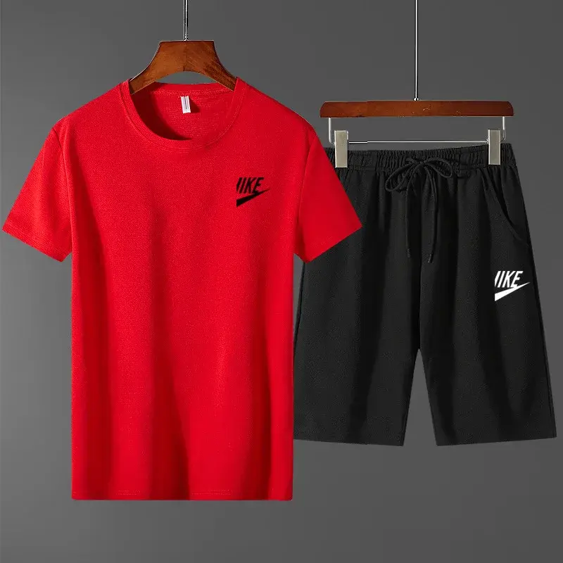 Новый трендовый летний спортивный костюм для улицы, Мужская футболка с коротким рукавом + повседневные модные шорты, комплект из двух предметов, впитывающий и дышащий