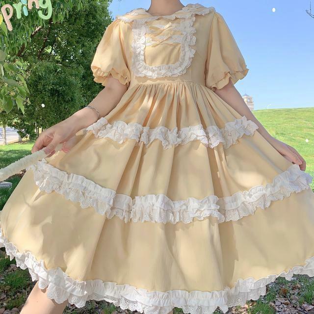 Cute Sweet Lolita OP Dress Soft Girl Kawaii Countryside Style Lace Ruffles Princess Dresses Women Short Sleeve Party Vestidos