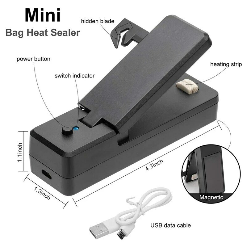 Mini Bag Sealer-2In1 Portable Rechargeable Handheld Vacuum Heat Sealers &Cutter For Plastic Bag Storage Food 2Pcs Black