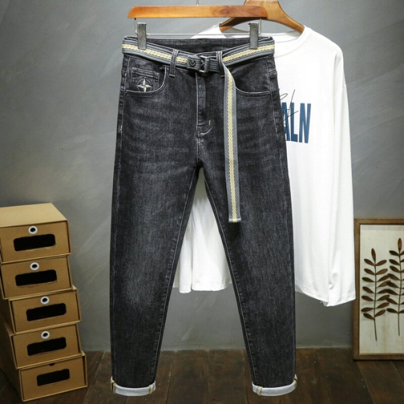 Jeans bordir pria, celana panjang kelas atas longgar trendi mikro regang kurus pas badan modis brands2024baru