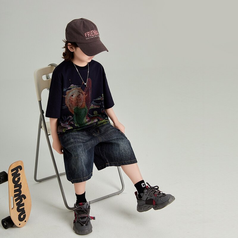Hip-hop Studencka chłopięca odzież Czarna koszulka Letnia bawełniana koszulka z nadrukiem Luźne dziecięce koszulki chłopięce z krótkim rękawem na 13 15 lat