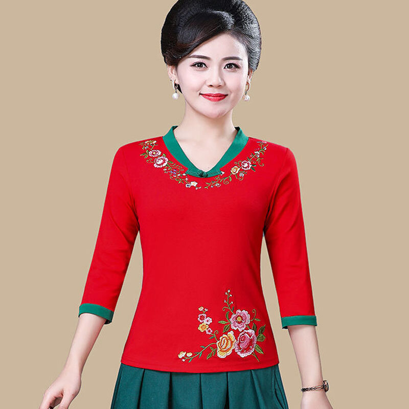 Cheongsam Womens Plus Size Tops 2024 Summer Cotton Embroidery Splicing V-Neck Tradition Chinese Style Dance Costume Shirts Woman