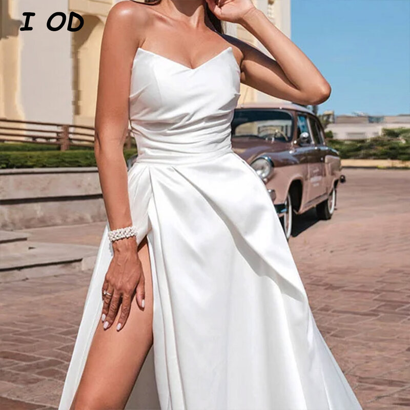 I OD Simple Zipper Back Floor Length Satin Bridal Gown Strapless Sleeveless High Side Slit Wedding Dress Vestidos De Novia New