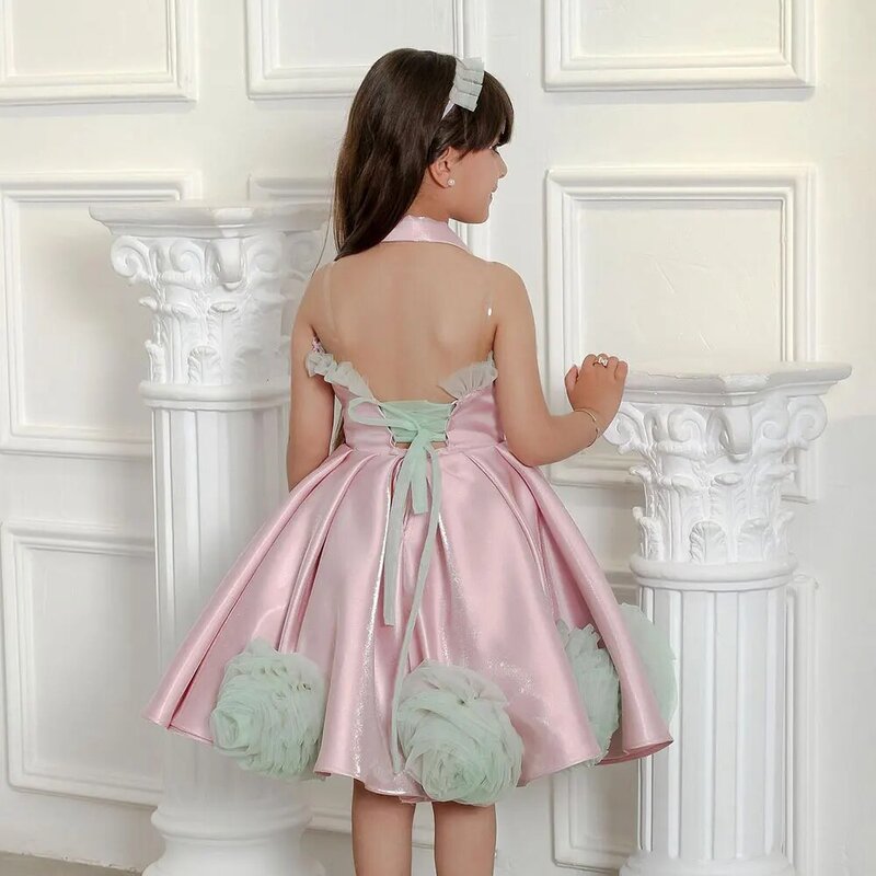 Jill Wish Luxury Pink Arabic Girl Dress Handmade Flowers Kids Princess Birthday Wedding Party Children Holiday Gown 2024 J195