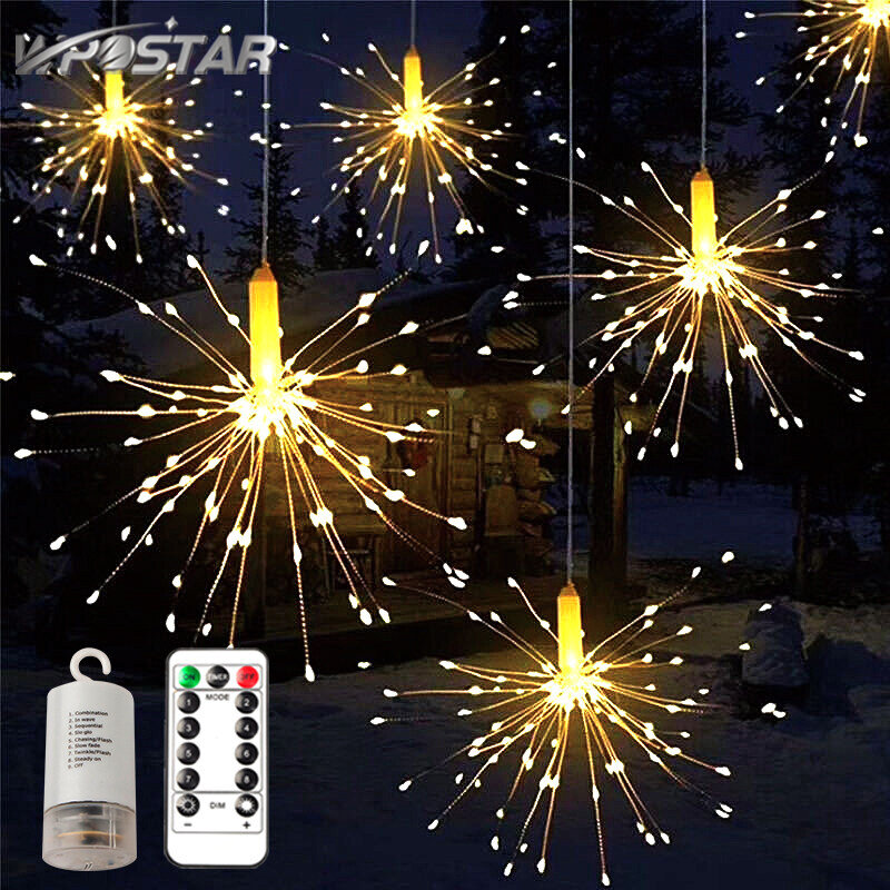Luz LED de fuegos artificiales alimentada por batería, cadena de luces de alambre de cobre, decoración de jardín de Navidad y boda, 120/150/180LED