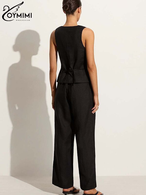 Oimimi-Conjunto casual de cânhamo de algodão preto para mulheres, regatas sem mangas, calças retas de cintura alta, verão, 2 peças