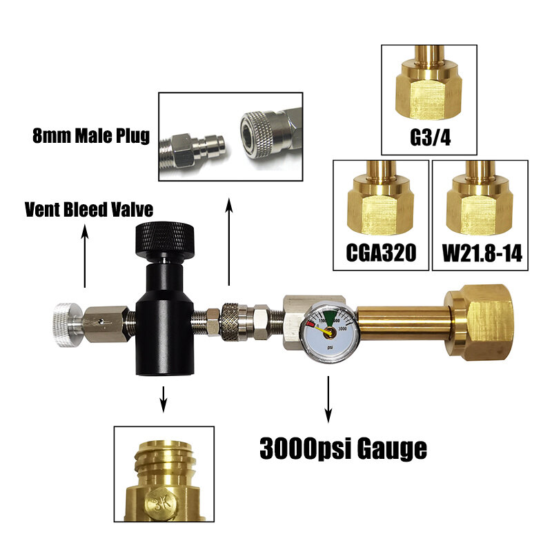 Adaptor stasiun isi ulang CO2 silinder Aksesori air Soda dengan Adaptor nyala/mati selang dan W21.8-14(DIN 477) atau G3/4 atau CGA320
