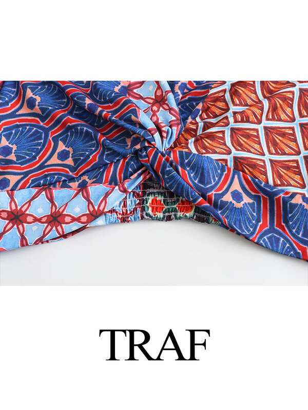 Traf-エレガントな女性のVネック折りたたみプリントセット、長袖、室内装飾ショートトップ、巾着ポケット、ロングパンツ、春、2個、2024