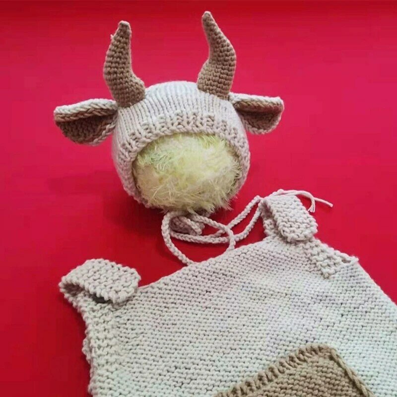 2 Pcs Baby Knitted Cow Ears Hat Romper Set Newborn Photography Props Jumpsuit Infants Photo Clothing Outfits