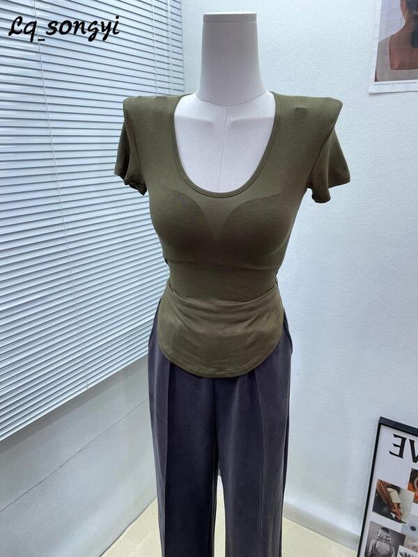 Lq_songyi Base Slim Scoop Neck T Shirts Women 2024 Spring Summer High Strecth Short Sleeve Top See-through Solid Thin T Shirt