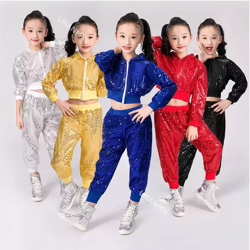 Children Sequins Jazz Dance Modern Cheerleading Hip Hop Costume For Kids Boy Girls Crop Top And Pant Performance Outfits Clothes