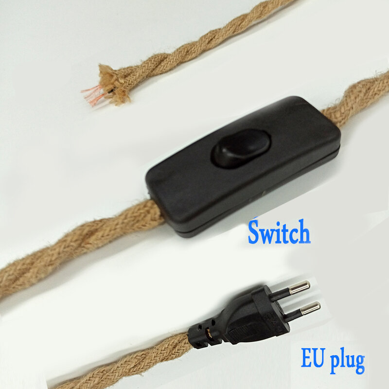 Ue plug 2m 3m cabo de alimentação luz pingente torção cabos corda de cânhamo e27 suporte da lâmpada com interruptor de ligar para fora fio edison lâmpada soquete cabo