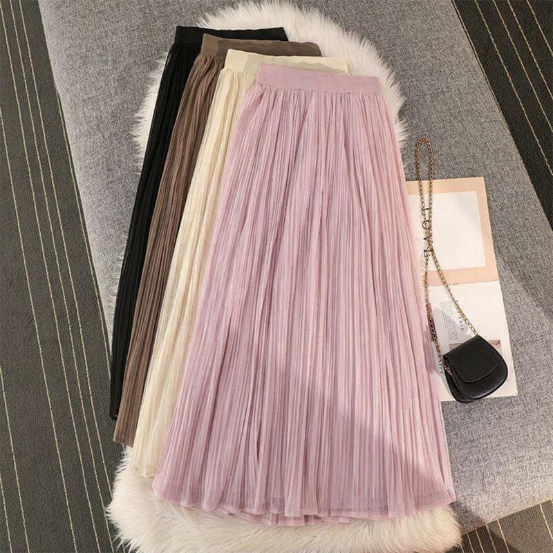 A-line Skirt Flowing Gauze Skirt Elegant Women's Pleated Skirt Collection Elastic Waistband Midi Slimming A-line Solid for Daily