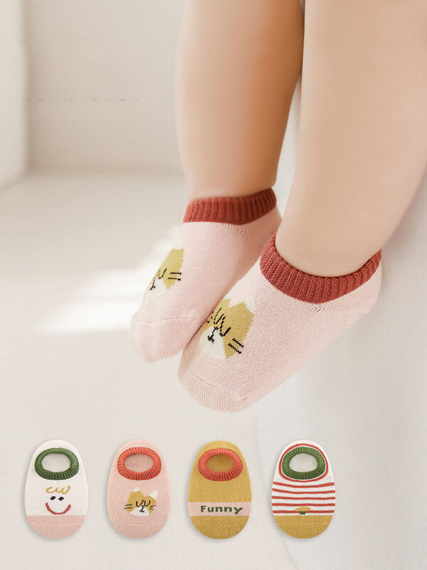 Lot de 4 paires de chaussettes coordonnantes en coton pour bébé garçon et fille, motif dessin animé mignon, pour le printemps et l'été