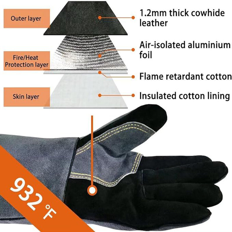 662℉-932℉ Heat-resistant Leather Gloves with Aluminum Foil Insulated Long Sleeve Suitable for Barbecue Tig Welding Mig and Oven