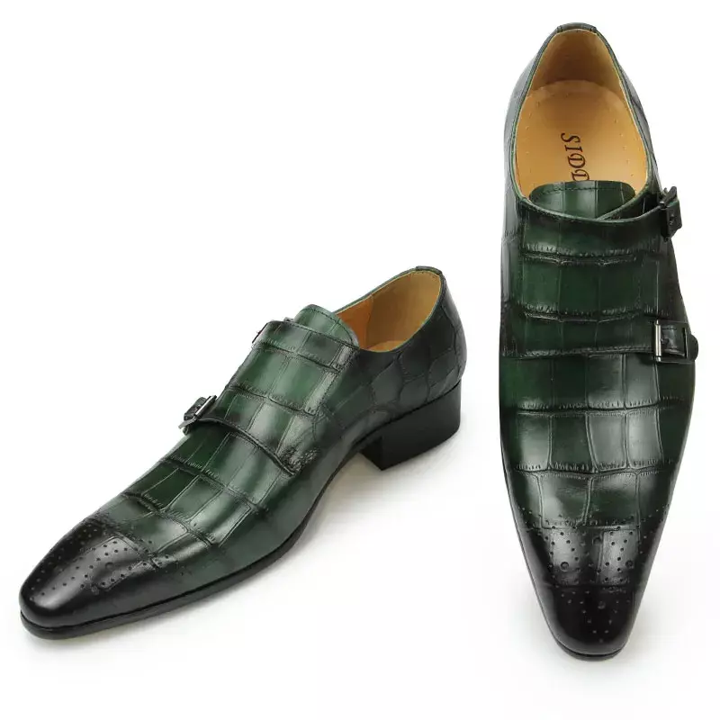 Мужские повседневные Мокасины из натуральной кожи, Классические деловые туфли с острым носком и крокодиловым принтом, с двумя ремешками, в стиле ретро, зеленые