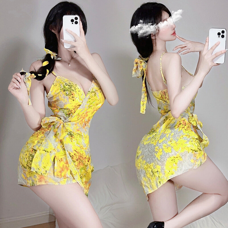 Dichengda Lingerie seksi gaun Sling Kimono cetak noda kuning Kawaii Jepang Set piyama punggung terbuka wanita pakaian tidur jubah 2023