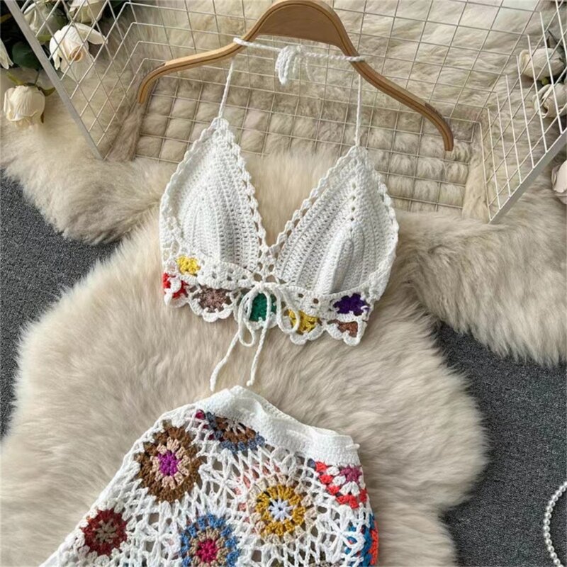 Boho crochê malha halter biquinis sutiãs assimétrico borlas saia 2 peça conjunto roupa feminina verão beachwear cobrir