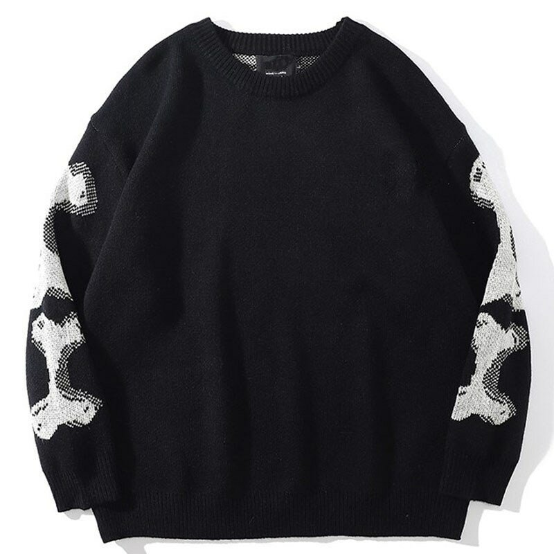 Pull tricoté surdimensionné en coton pour homme et femme, pull ample noir avec squelette imprimé, style Vintage rétro, collection automne 2021