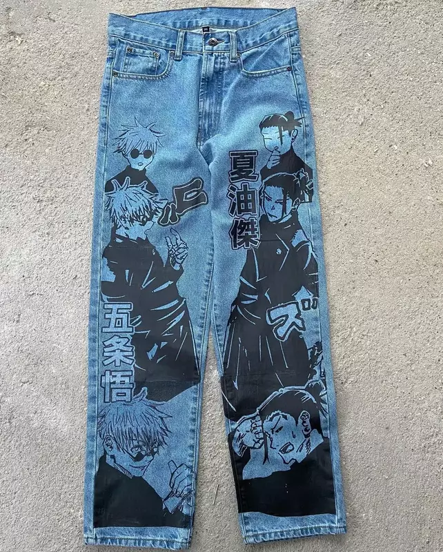 Jeans gaya Jepang untuk pria wanita, celana Jin kaki lebar motif grafis, celana jeans Y2K gaya Jepang baru, celana panjang lebar untuk pria dan wanita